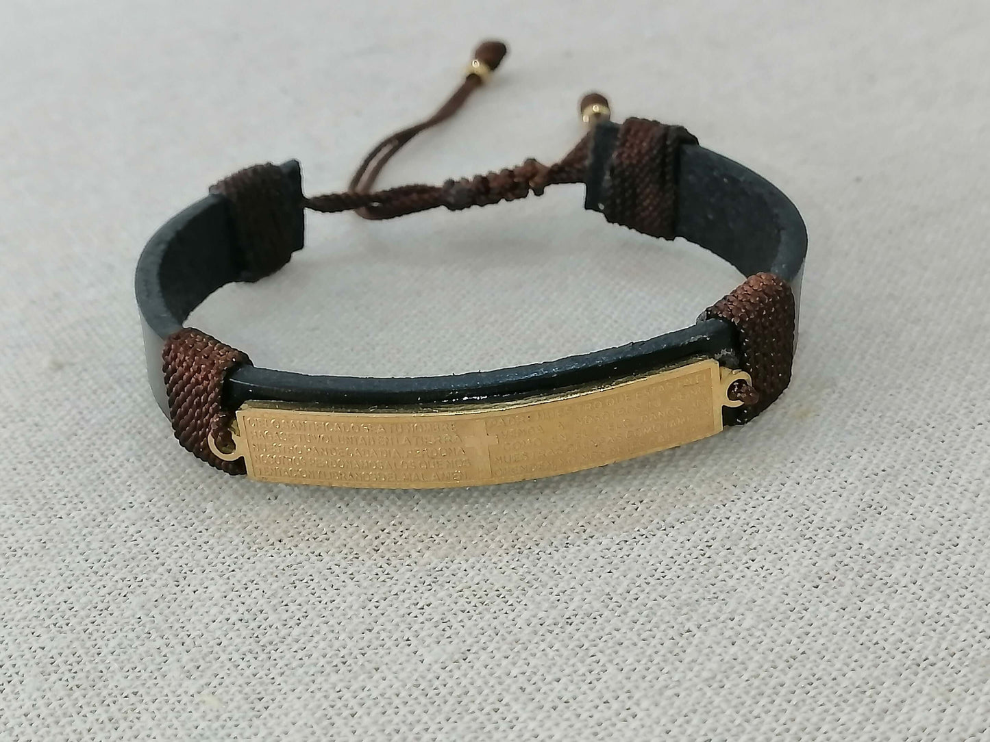 Men's leather bracelet with a steel plate of the Lord's Prayer