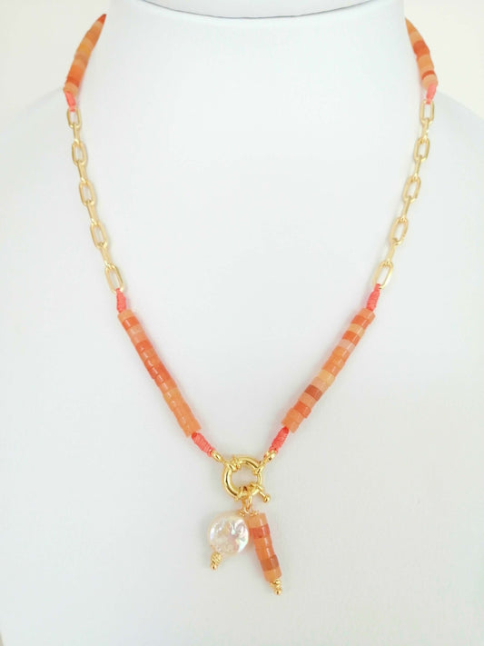 Cylindrical Natural Stone Necklace with Rhodium Chain - Elegance and Natural Connection