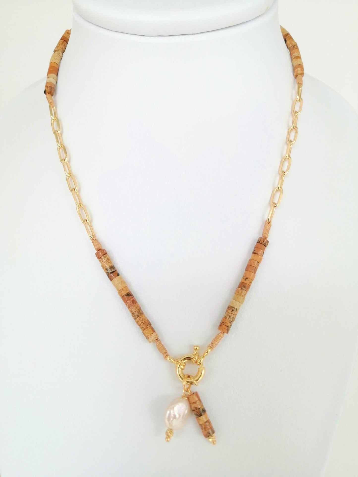 Cylindrical Natural Stone Necklace with Rhodium Chain - Elegance and Natural Connection