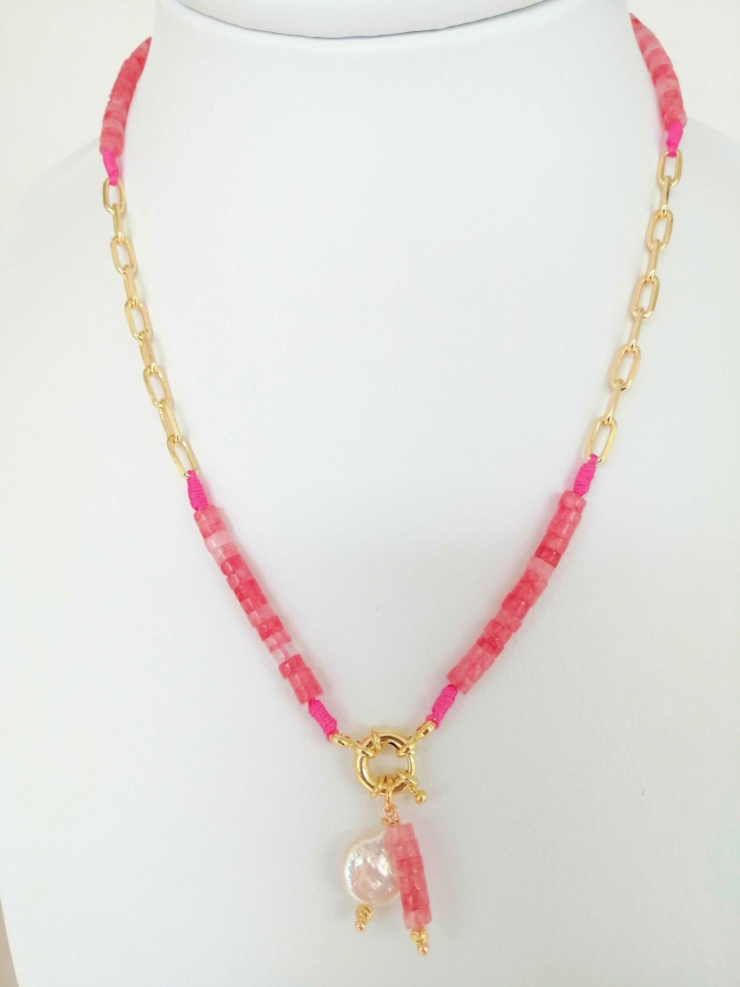 Cylindrical Natural Stone Necklace with Rhodium Chain - Elegance and Natural Connection