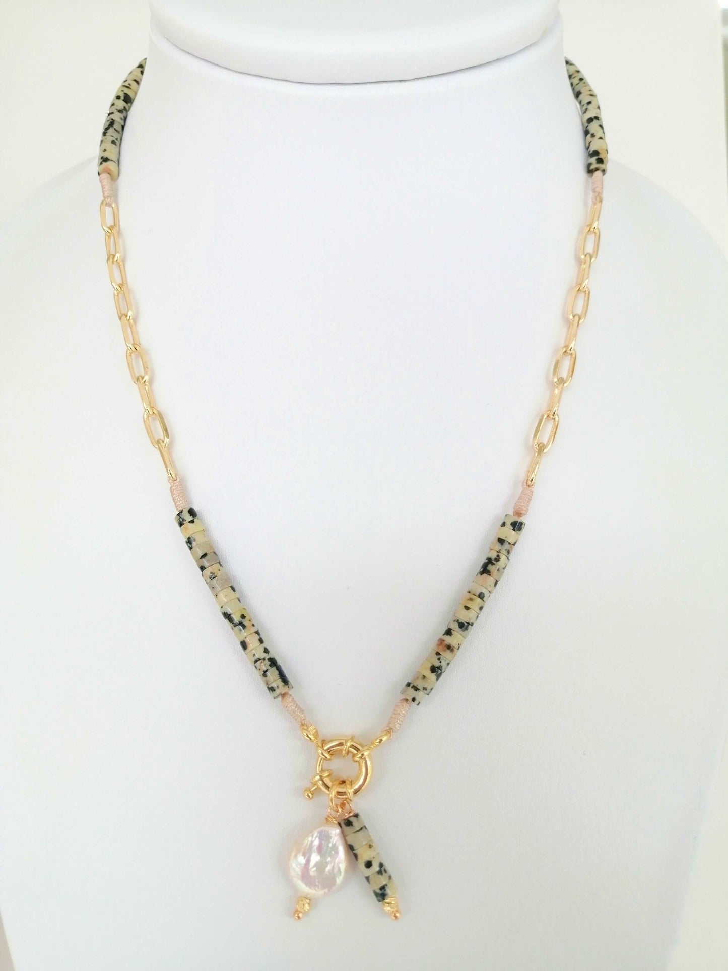 Cylindrical Natural Stone Necklace with Rhodium Chain - Elegance and Natural Connection