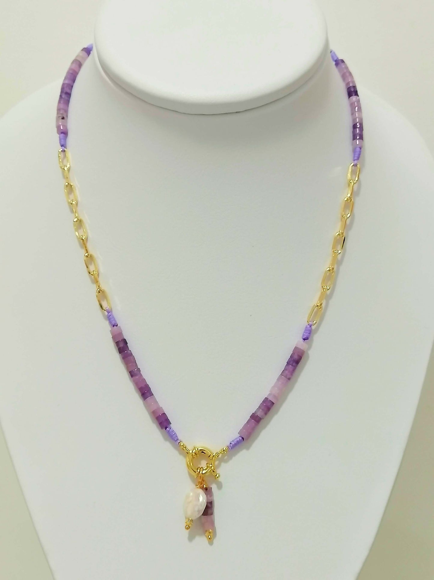 Cylindrical Natural Stone Necklace with Rhodium Chain - Elegance and Natural Connection