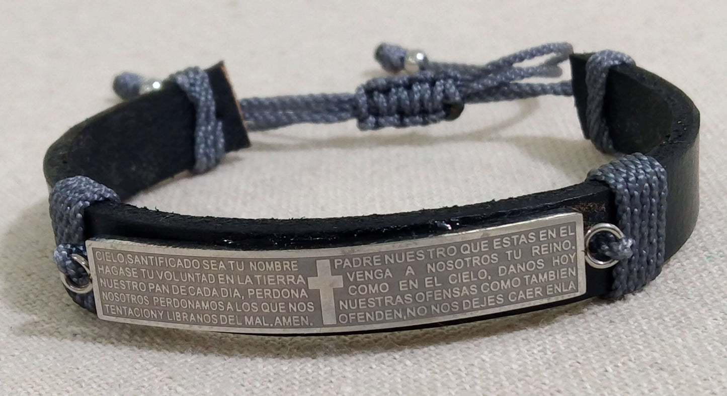 Men's leather bracelet with a steel plate of the Lord's Prayer