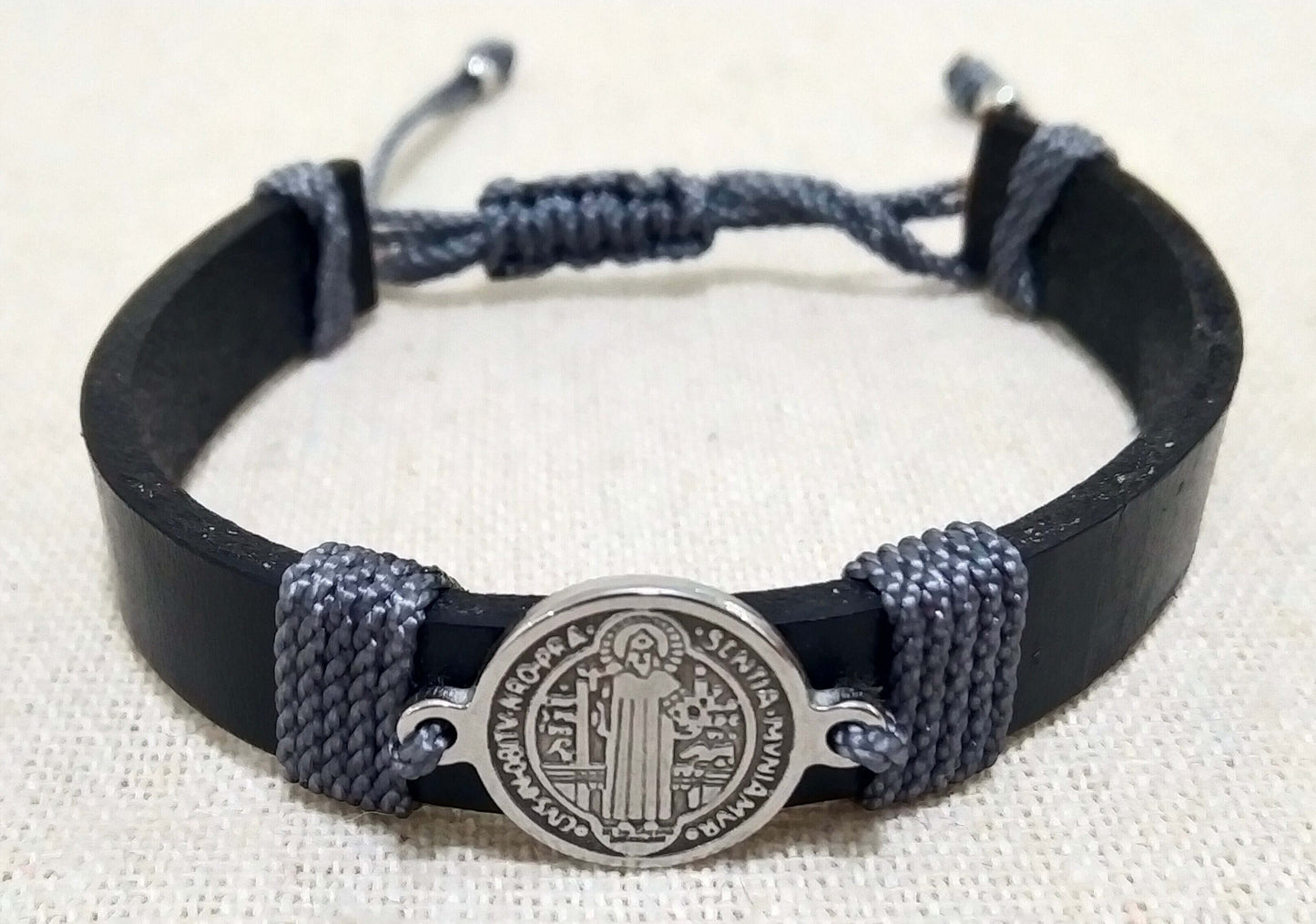 Men's leather bracelet with Saint Benedict Abbot medal