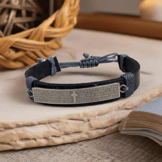 Men's leather bracelet with a steel plate of the Lord's Prayer
