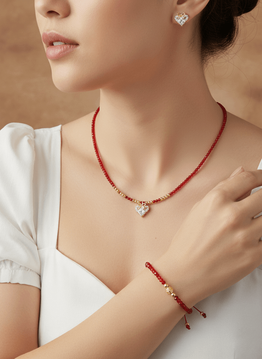 Lazos de Amistad - Gargantilla de Cristales, joyería elegante con collar y pulsera de cristales rojos.