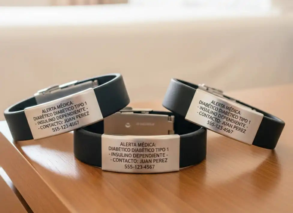 Pulsera de alerta médica en neopreno y acero, personalizable, con información vital para emergencias.