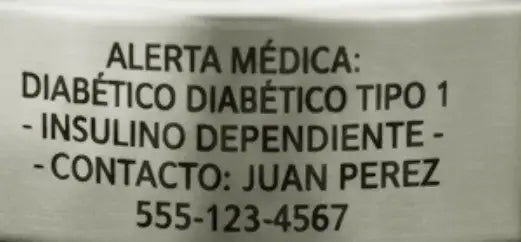 Pulsera de alerta médica muestra información vital para diabeticos tipo 1 y contacto de emergencia.