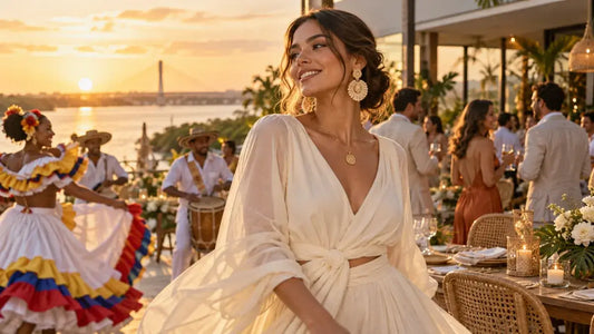 Mujer en una celebración de Barranquilla con accesorios artesanales y ambiente de moda.