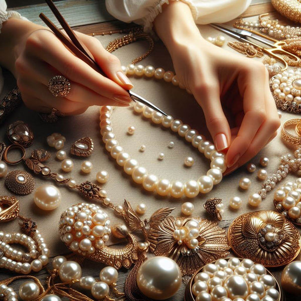 Diseño de accesorios en la bisutería artesanal, mostrando manos creando joyas con perlas y detalles dorados.