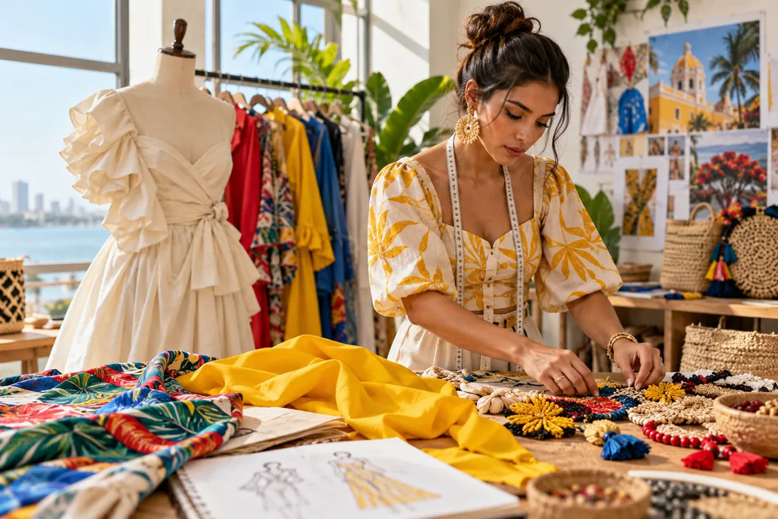 Diseñadora de moda trabajando con accesorios y textiles en Barranquilla