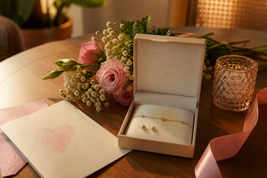 Regalo de Amor y Amistad con pulsera y aretes sobre mesa cálida