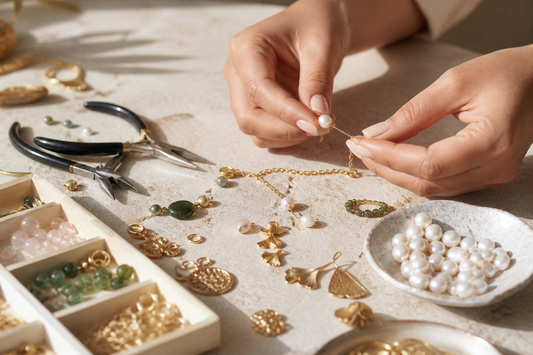 Manos artesanas trabajando con perlas y piezas doradas