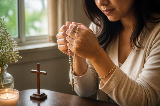 Mujer sosteniendo un rosario de perlas en un momento de oración
