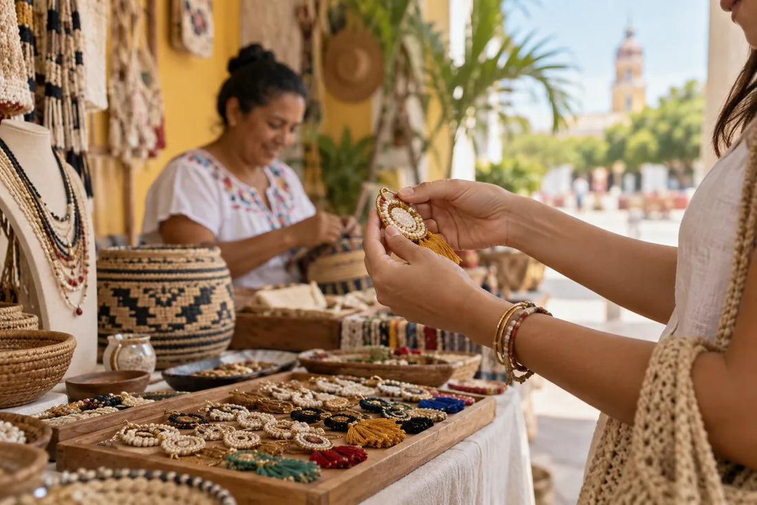 Manos eligiendo una pieza artesanal en un mercado de Barranquilla