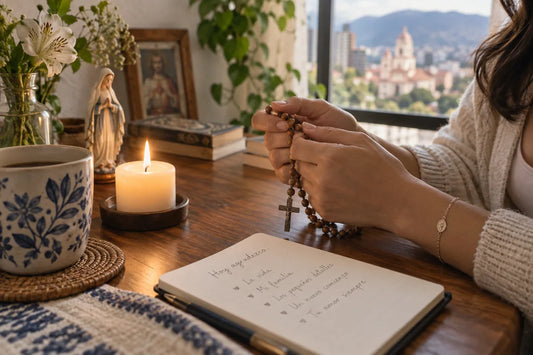 Mujer sosteniendo un rosario junto a una vela y un cuaderno de oración