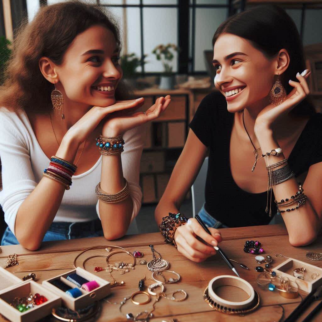 Dos mujeres sonrientes creando bisutería hecha a tu medida con diversas cuentas y herramientas sobre la mesa.