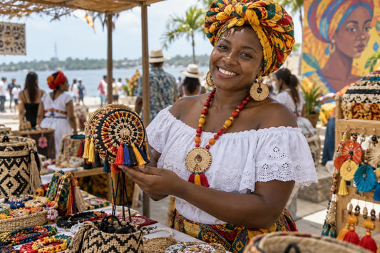 Emprendedora afrocaribeña mostrando accesorios artesanales en un espacio cultural de Barranquilla