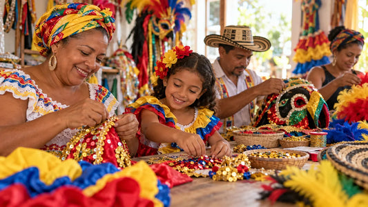 Madre, niña y artesanos preparando accesorios y detalles de vestuario para el Carnaval de Barranquilla.