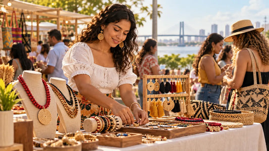Emprendedora organizando accesorios artesanales en una feria de emprendimiento en Barranquilla.