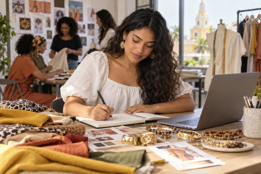 Mujer participando en un taller de moda con muestras de accesorios y telas