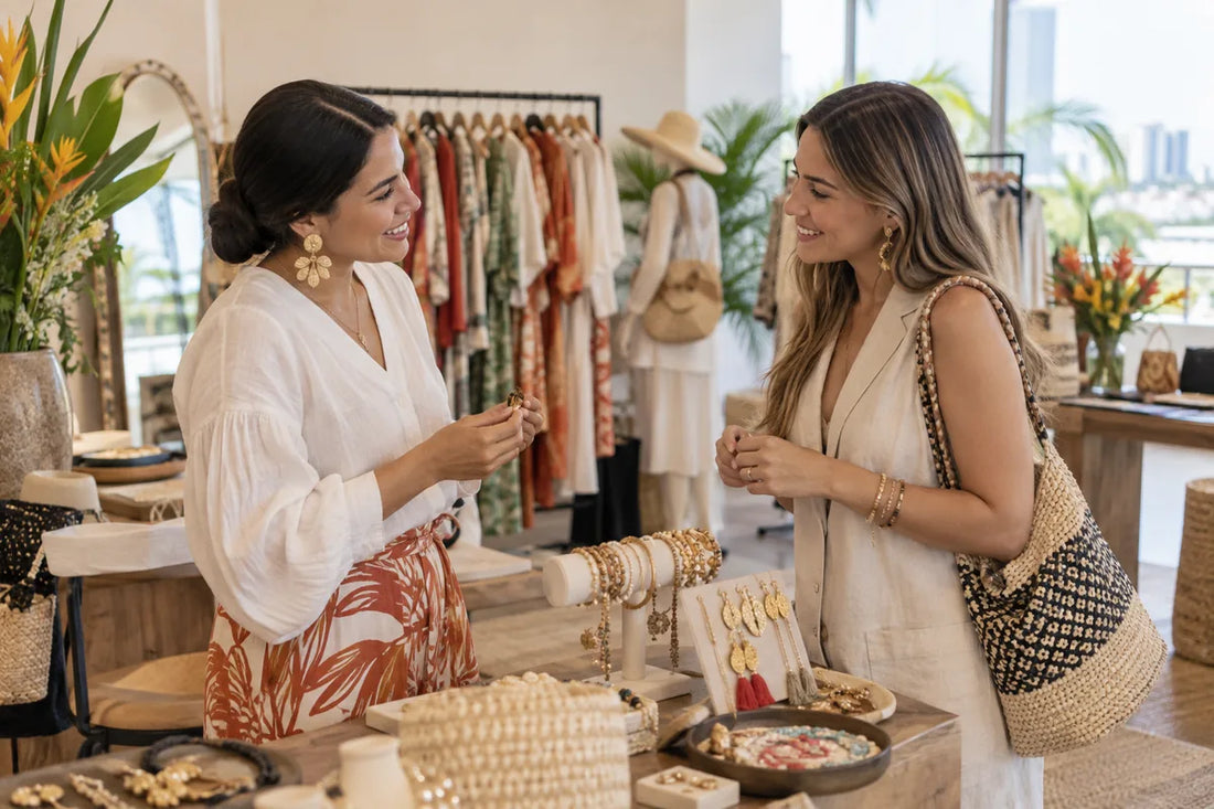 Dos emprendedoras conversando junto a un puesto de accesorios en Barranquilla