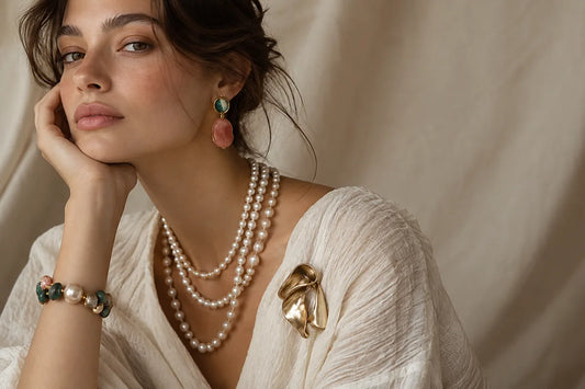 Mujer usando perlas, broche y accesorios coloridos en un look editorial