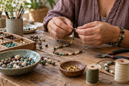 Artesana elaborando un accesorio hecho a mano con cuidado y dedicación.