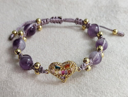 Handmade Amethyst Bracelet with Gold and Rhodium Heart, a unique and special gift