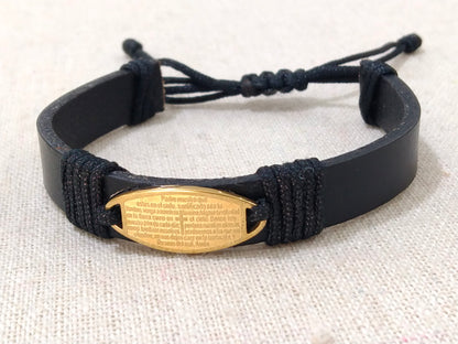 Pulsera para caballero de cuero con placa oval de acero del Padre Nuestro