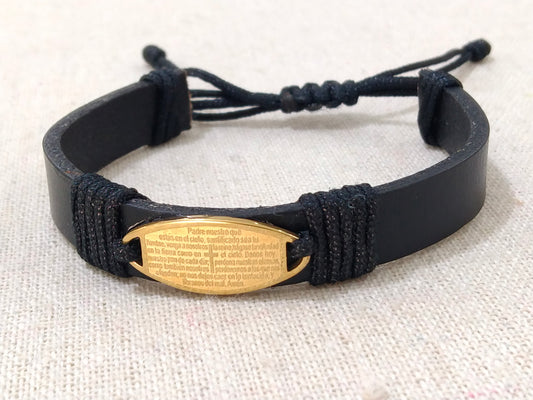 Leather bracelet with steel plate of the Our Father: an accessory of faith and style.