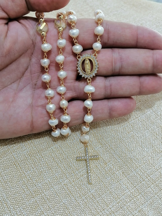 Natural Pearl Rosary with Virgin of Guadalupe and Saint Benedict - A Gift of Faith and Love