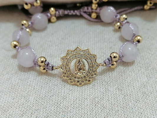 Pulsera para damas de la Virgen de Guadalupe con cuarzo rosado