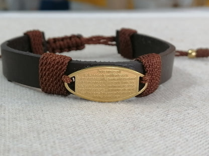 Pulsera para caballero de cuero con placa oval de acero del Padre Nuestro