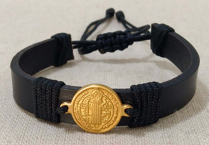 Pulsera para caballeros de cuero y medalla de San Benito Abad