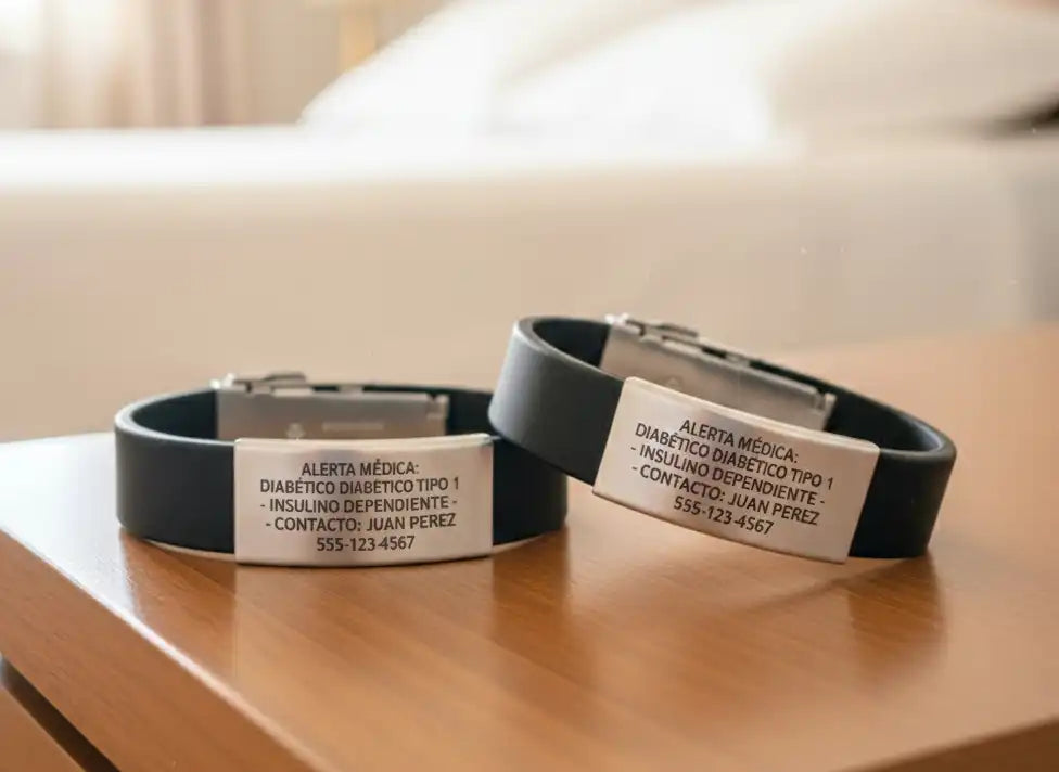 Pulsera de alerta médica de neopreno y acero con información vital para emergencias.