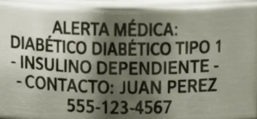 Pulsera de alerta médica muestra información vital para diabeticos tipo 1 y contacto de emergencia.
