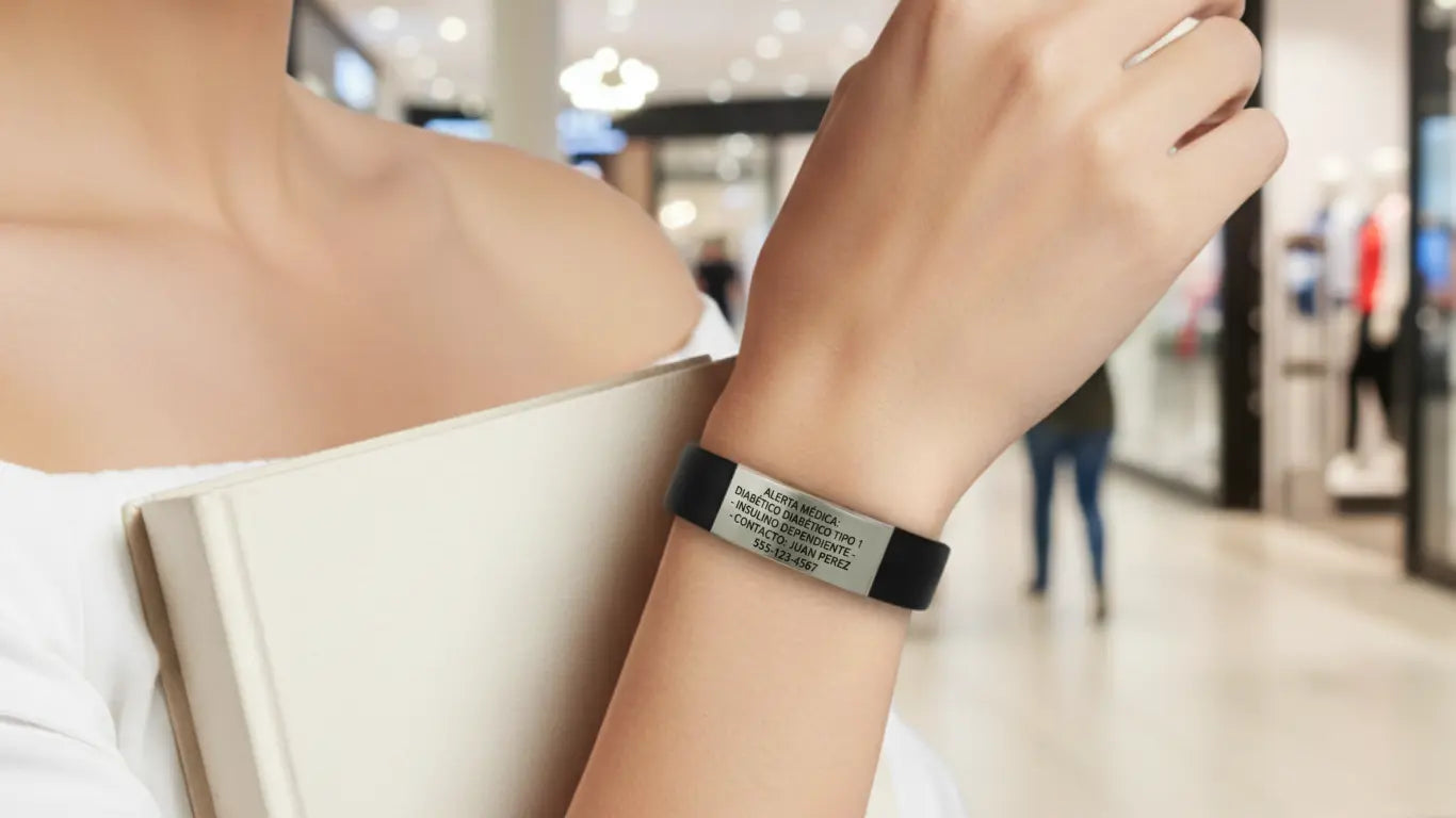 Pulsera de alerta médica de neopreno y acero con información vital para emergencias.