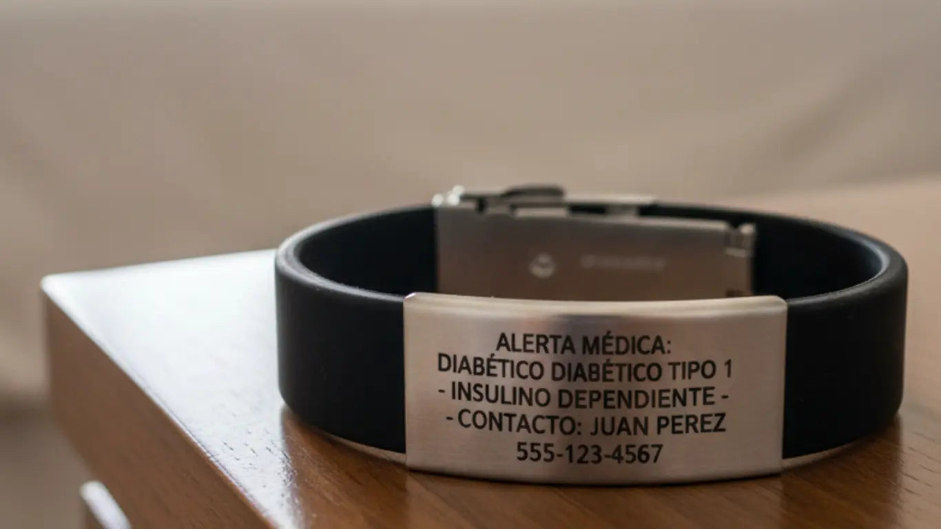 pulsera de alerta médica con grabado de información de salud en fondo marrón claro.
